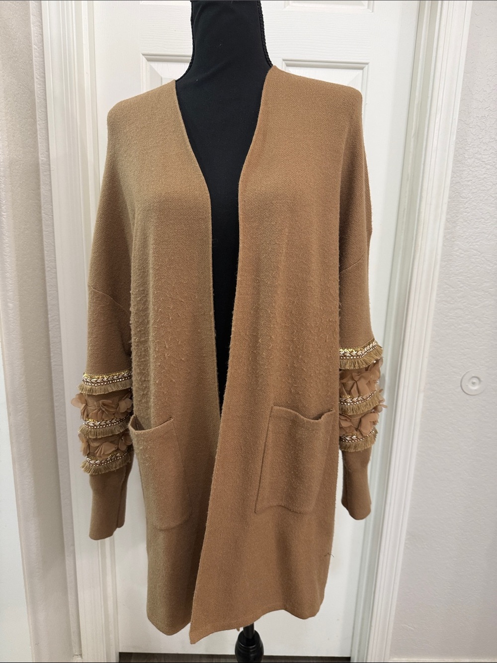 Sioni Camel Open-Front Cardigan with Embellished Sleeve Trim